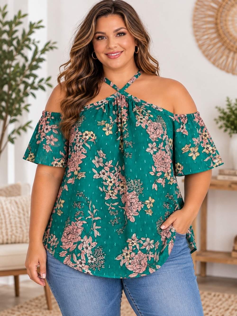 A49. Torrid Green Floral Crinkle Chiffon Cold Shoulder Strappy Top Plus Size 4X